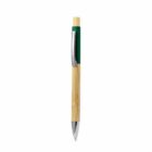 A retractable pen with a bamboo body, green top, and silver clip on a white background.