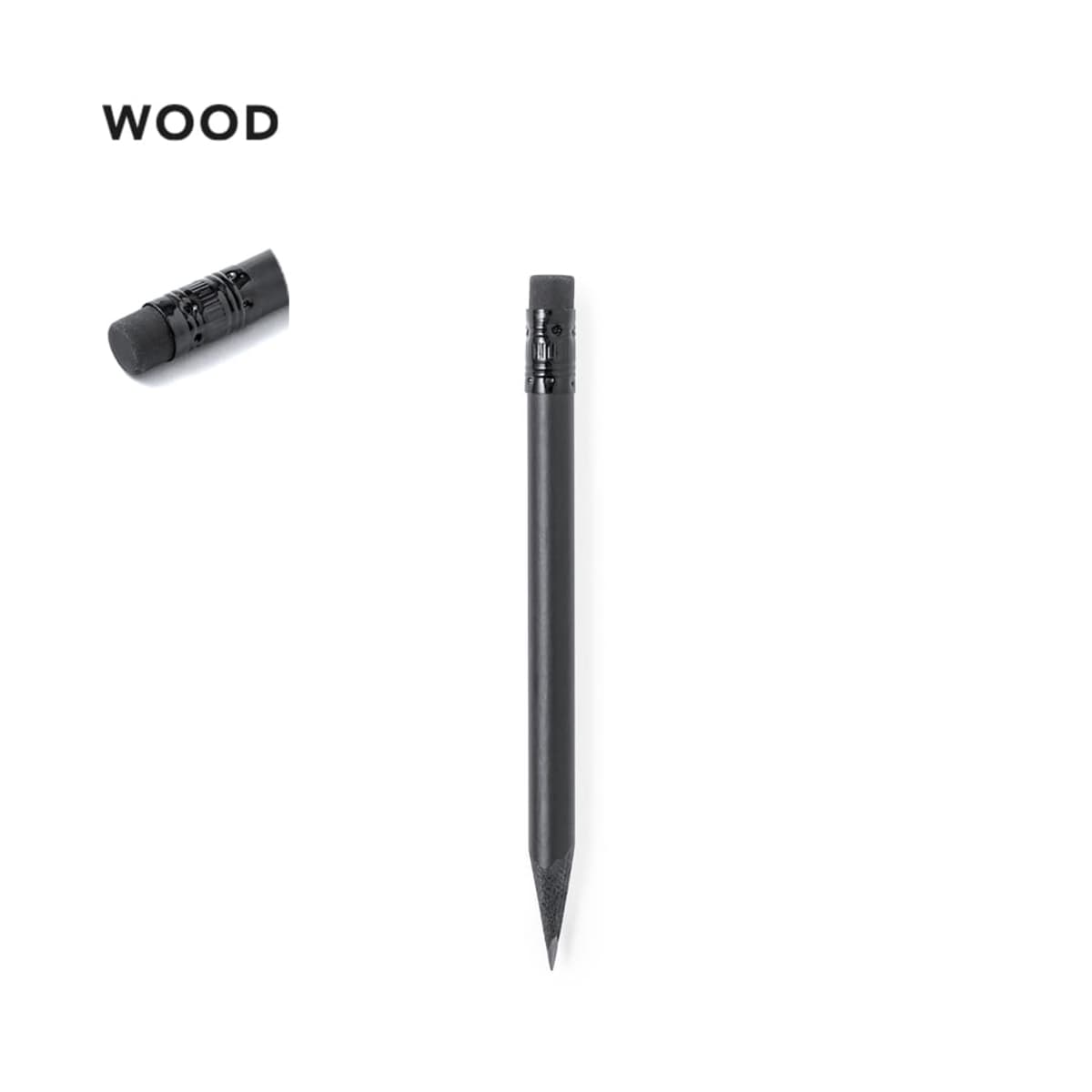 A black wooden pencil with a black eraser on a white background.
