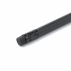 Close-up of a black pencil with a black eraser on a white background.