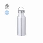 Silver metal water bottle with handle, 650 ml capacity, and recycled aluminum symbol.