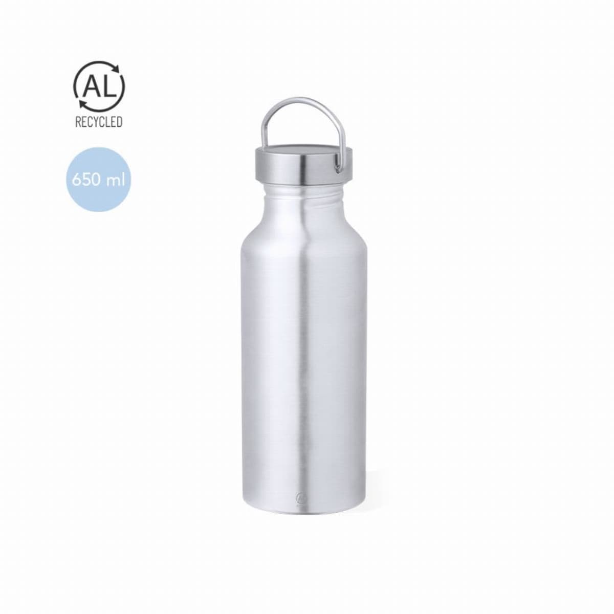 Silver metal water bottle with handle, 650 ml capacity, and recycled aluminum symbol.