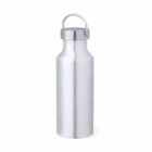 Silver metal water bottle with a screw-top lid and handle, standing upright on a white background.