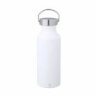 White reusable water bottle with a metal lid and handle on a plain white background.