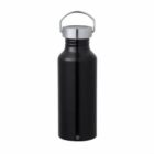 Black stainless steel water bottle with silver cap and handle, on a white background.