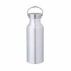 Silver metal water bottle with a handle on the lid, standing upright on a white background.