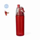 Red water bottle with a spray nozzle, clear lid, and 600 ml capacity label in the corner.