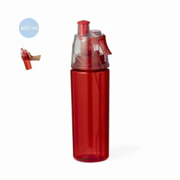 Red water bottle with spray nozzle, 600 ml capacity, isolated on a white background.