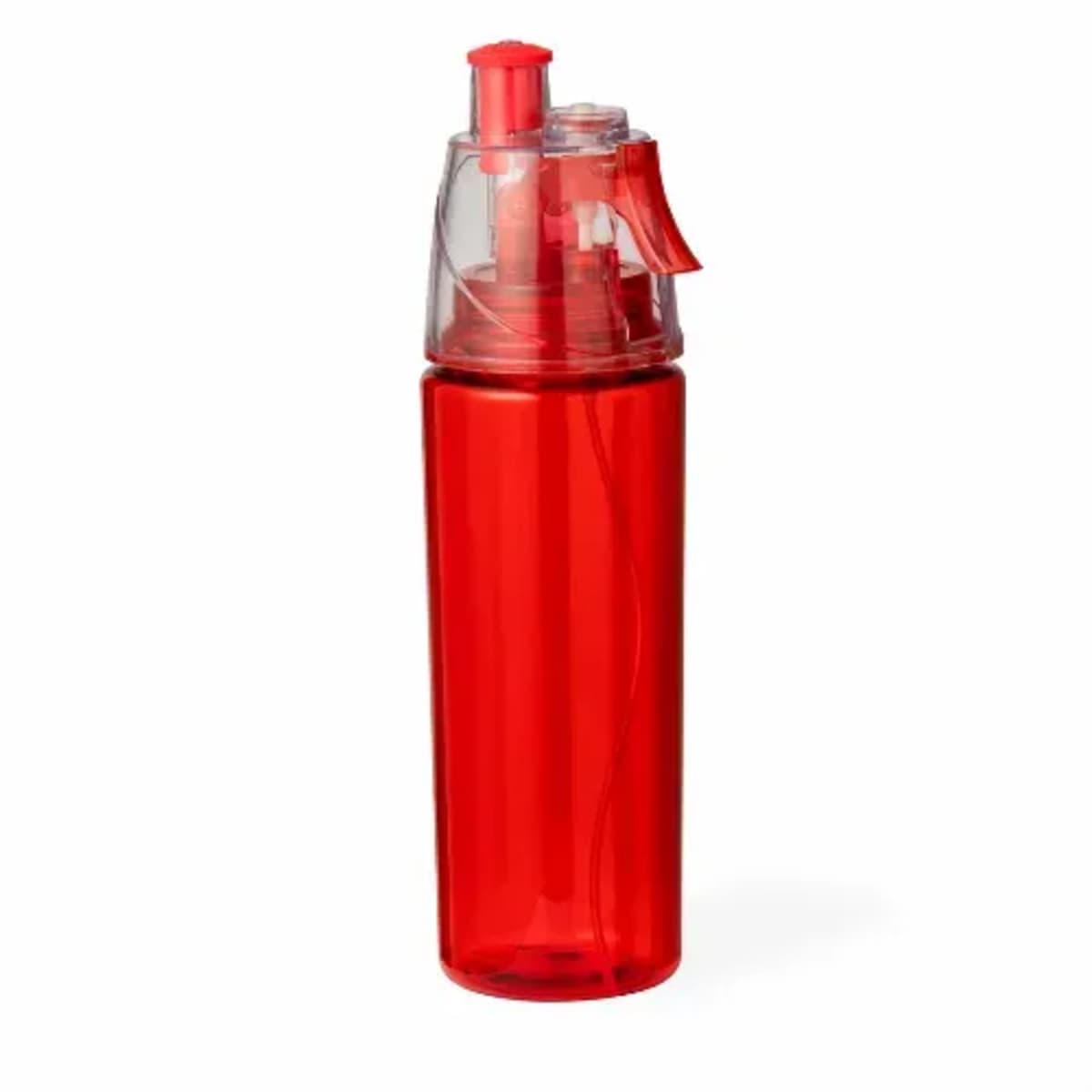 Red plastic spray bottle with a transparent top against a white background.
