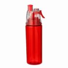 A red plastic water bottle with a clear flip-top lid and built-in straw.