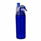 Blue plastic water bottle with a spray nozzle and transparent cap, on a white background.