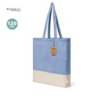 Blue and beige tote bag with long handles, made from recycled cotton.