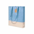 Blue and beige tote bag with handles and a small brown tag attached near the top.