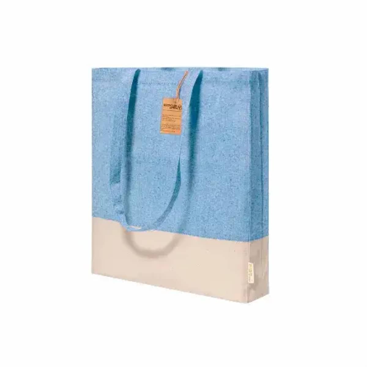 Blue and beige tote bag with handles and a small brown tag attached near the top.