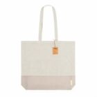 Beige and light brown tote bag with two handles and a small tag attached.
