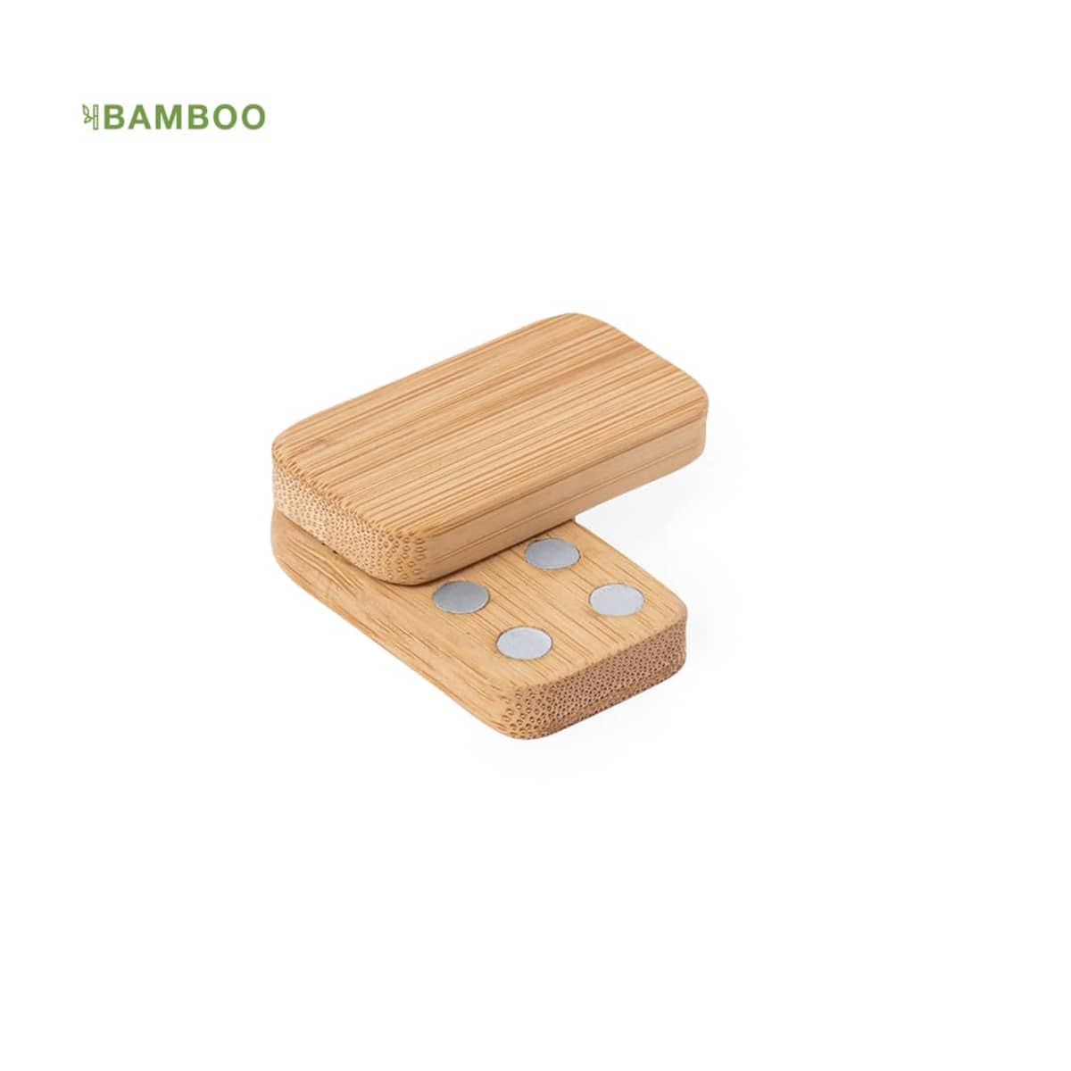Two bamboo domino pieces, one flat and one standing, with the word BAMBOO above them.