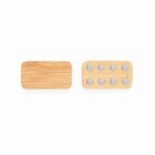 Two rectangular bamboo magnets, one showing wood grain, the other showing eight small magnets.