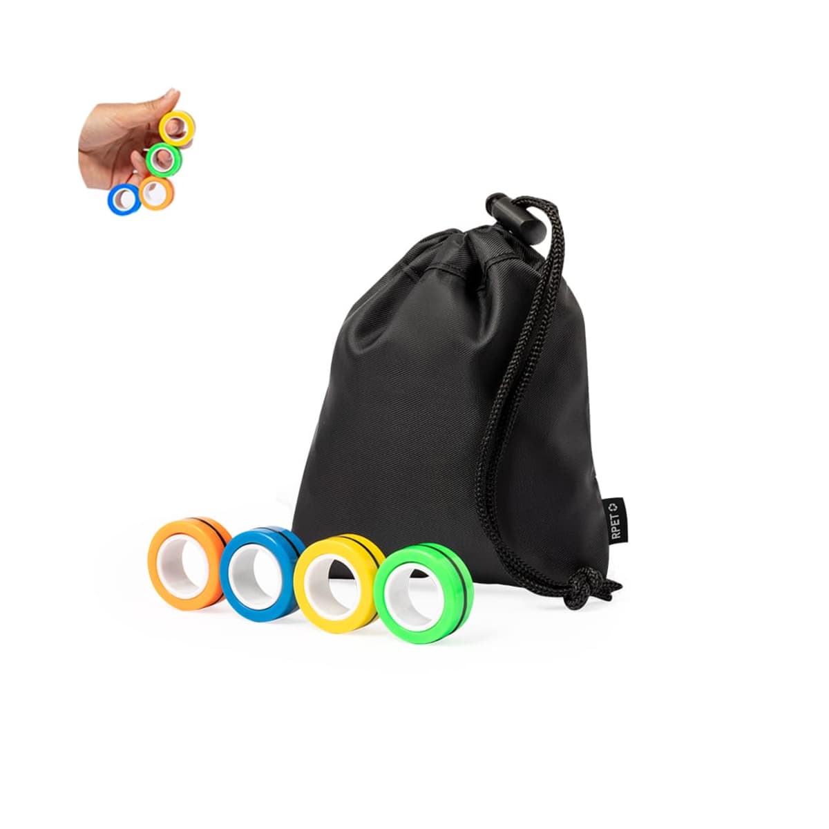 Four colorful magnetic rings and a black pouch, with a hand holding rings in the corner.