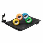 Four colorful skateboard wheels on a black drawstring bag.