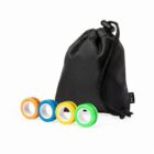 Four colorful magnetic rings and a black drawstring pouch on a white background.