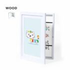 White wooden frame with a cat illustration, partially open to reveal storage hooks inside.