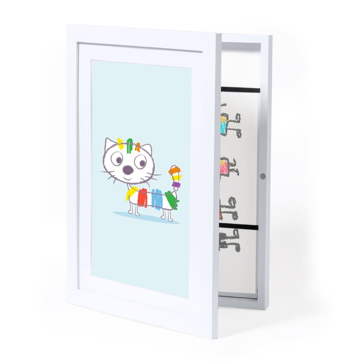 White-framed shadow box with cartoon cat artwork, slightly open to reveal hooks inside.