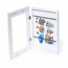 White display frame open, showing colorful childrens space-themed artwork inside.