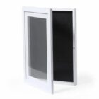 White-framed glass door swings open to reveal a black interior compartment.