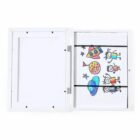 White frame with a child’s colorful drawing of spaceships and stick-figure people inside.
