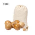 Wooden balls, a small wooden marker, and a drawstring bag labeled WOOD on a white background.