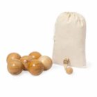 Six wooden balls, a small wooden ball, a wooden jack, and a drawstring cloth bag.