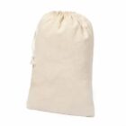 A beige drawstring cloth bag standing upright on a white background.