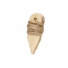A wooden tent peg wrapped with brown twine against a white background.