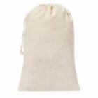 Beige drawstring cloth bag standing upright on a white background.