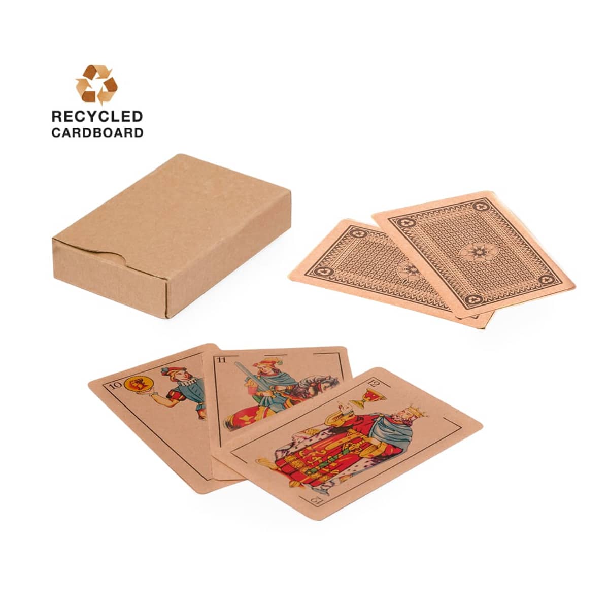 Playing cards and a box made from recycled cardboard on a white background.