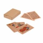 A playing card deck with cards spread out and a plain cardboard box.