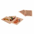 Four face-up playing cards with colorful illustrations and two face-down cards on a white background.