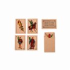 Five playing cards with colorful illustrations and a card box on a white background.