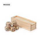 Five wooden dice beside a rectangular wooden box with a sliding lid, labeled WOOD.