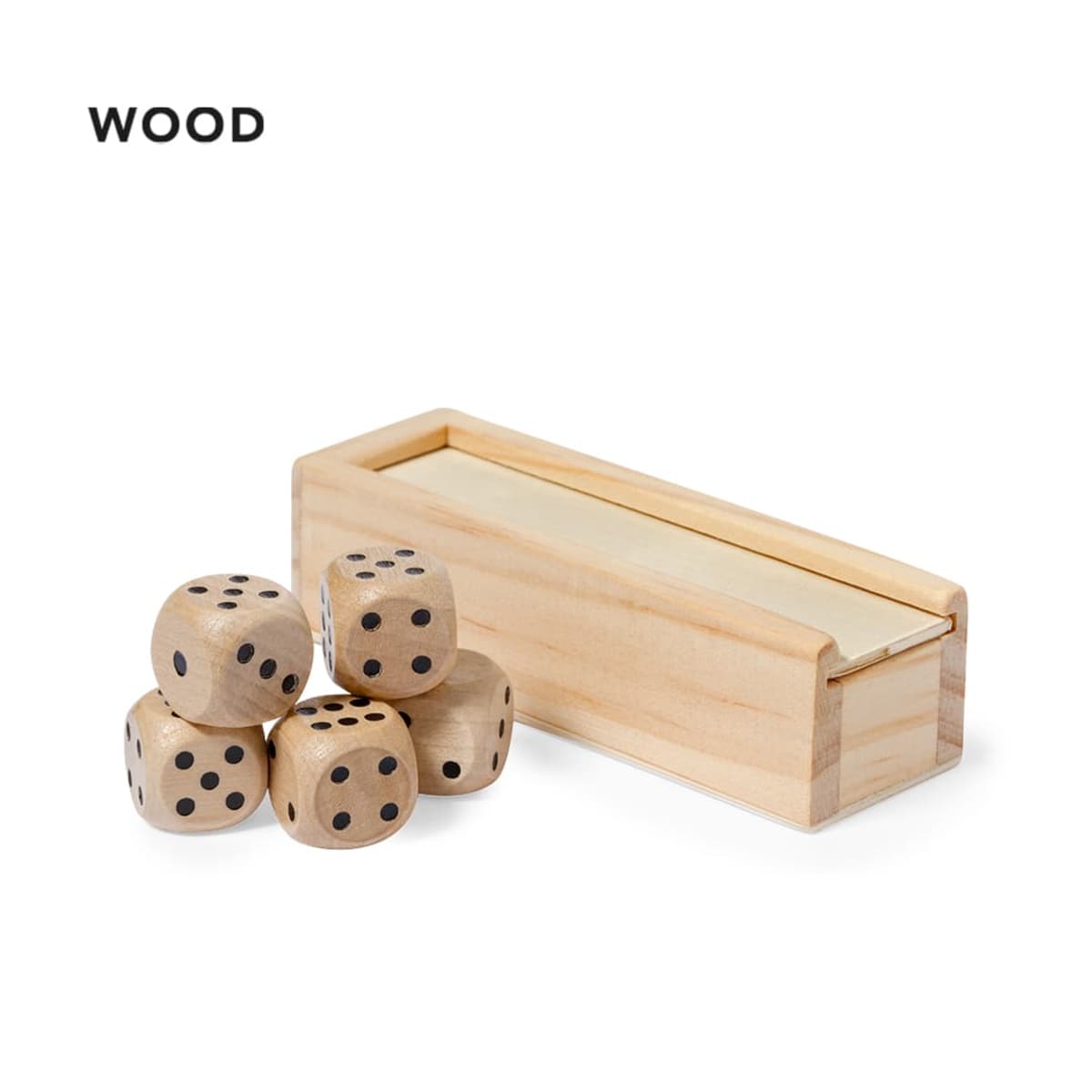 Five wooden dice beside a rectangular wooden box with a sliding lid, labeled WOOD.