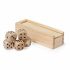 Five wooden dice next to a rectangular wooden box with a sliding lid.