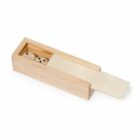 Wooden box with two dice and a sliding white lid, isolated on a white background.