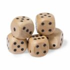 Five wooden dice with black dots stacked in a small pile on a white background.
