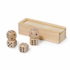 Four wooden dice and a rectangular wooden box with a sliding lid.