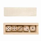 Five wooden dice in an open rectangular wooden box with a separate lid above.