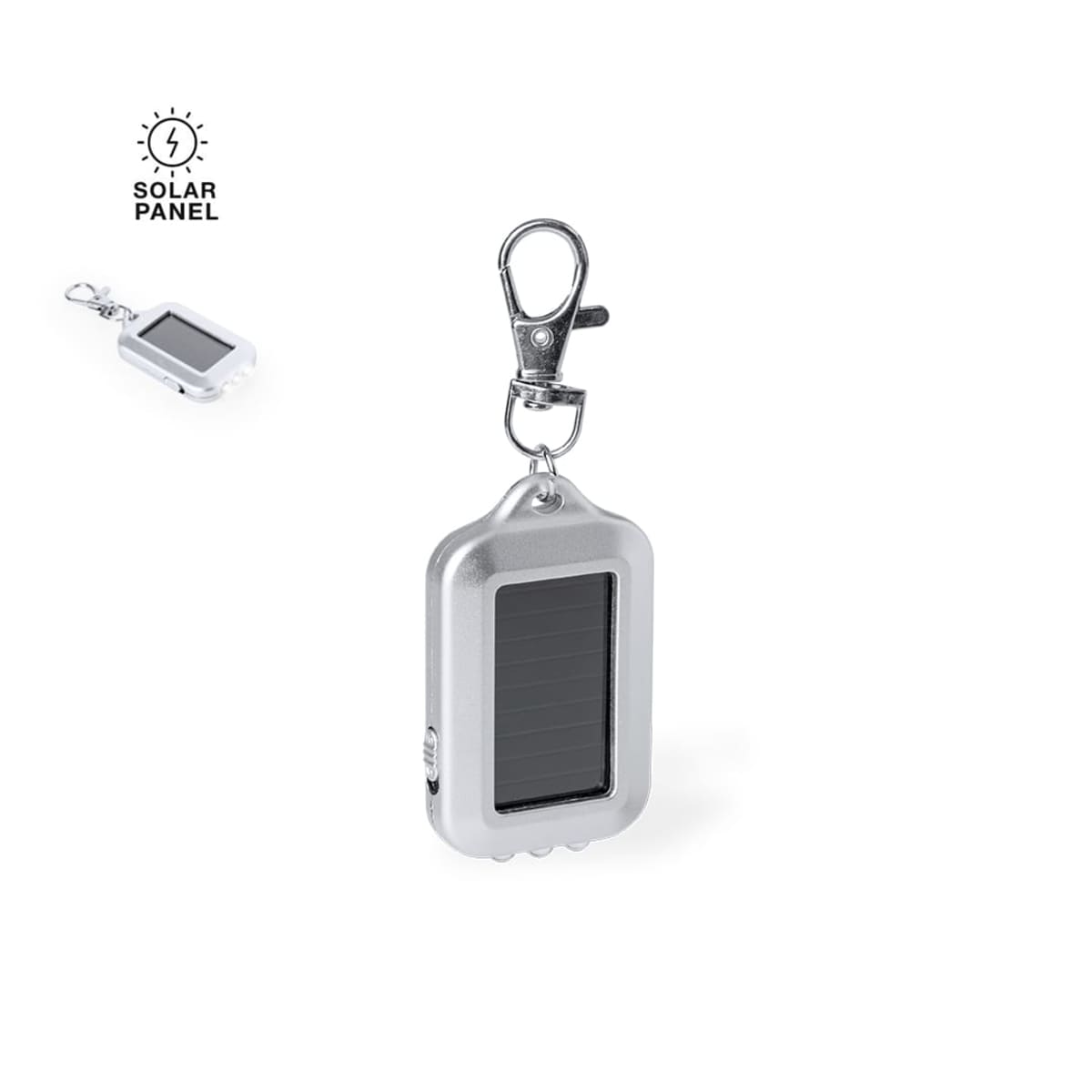 Small solar-powered keychain flashlight with a metal clip, shown on a white background.