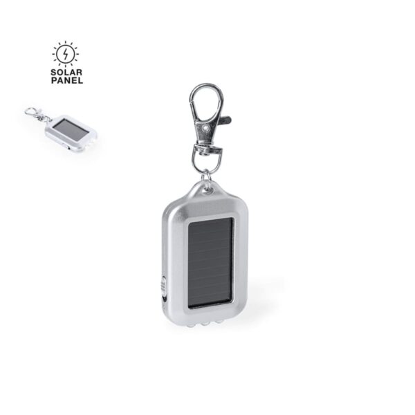 Small silver keychain with a built-in solar panel and a lobster clasp attachment.