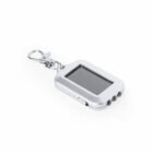 Silver solar-powered keychain flashlight with a black panel and three LED lights.