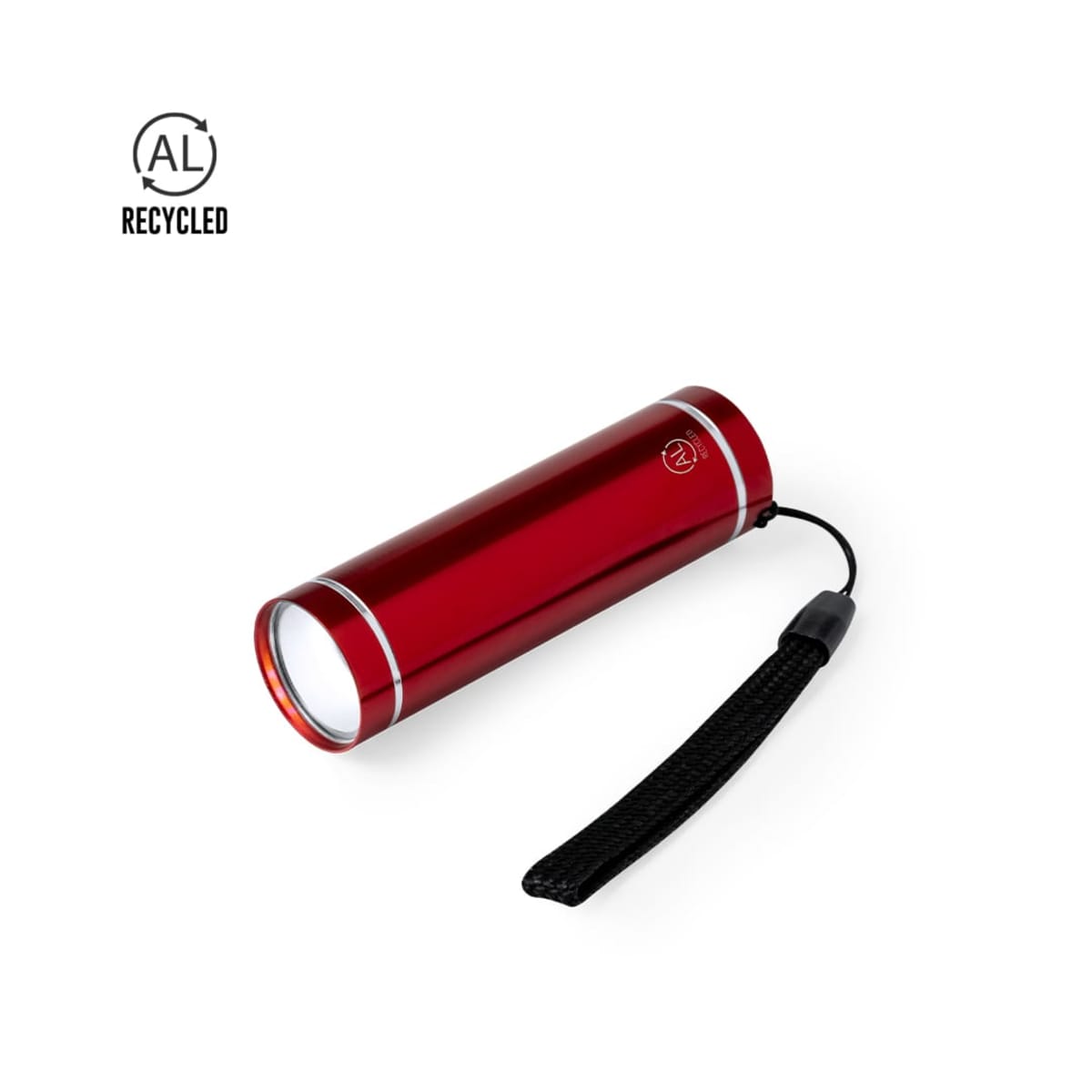 Red flashlight with a black wrist strap, made from recycled materials, on a white background.