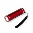 Red handheld flashlight with a black wrist strap, shown on a white background.