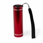 Red cylindrical flashlight with a black wrist strap, shown on a white background.